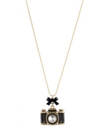 Picture perfect. A chic camera pendant adorns this unique necklace from Betsey Johnson. With a charming bow embellishment and sparkling crystal details, it's crafted in gold tone mixed metal. Approximate length: 30 inches + 3-inch extender. Approximate drop: 1-6/10 inches. Picture perfect. A chic camera pendant adorns this unique necklace from Betsey Johnson. With a charming bow embellishment and sparkling crystal details, it's crafted in gold tone mixed metal. Approximate length: 30 inches + 3-inch extender. Approximate drop: 1-6/10 inches.