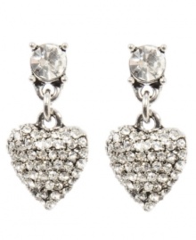 Have a heart. Reveal your romantic side with Betsey Johnson's dazzling heart-shaped drop earrings that say Love Me in back. Bedecked with sparkling crystals throughout, they're set in silver tone mixed metal. Approximate drop: 1 inch. Have a heart. Reveal your romantic side with Betsey Johnson's dazzling heart-shaped drop earrings that say Love Me in back. Bedecked with sparkling crystals throughout, they're set in silver tone mixed metal. Approximate drop: 1 inch.