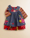 Crafted in cozy cotton, this precious frock has all the right stuff with colorful embroidery, floral prints and a bow for sweet style.Round necklineLong sleevesBack snapsLayered-look hemFully linedCottonMachine wash or dry cleanMade in France of imported fabric Please note: Number of snaps may vary depending on size ordered. 