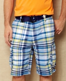 Change your normal cargo pattern with these big plaid shorts from Nautica. Change your normal cargo pattern with these big plaid shorts from Nautica.