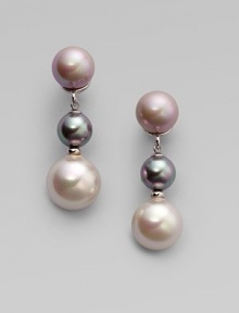 A trio of softly hued pearls, in grey, nuage, and white, elegantly dangle.8mm, 10mm and 12mm multicolor organic man-made pearls Sterling silver Drop, about 1½ Pierced clip Made in Spain