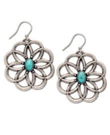Natural beauty. Frame your face with these fresh-from-the-garden earrings by Lucky Brand. Flowers carved in worn silver tone mixed metal feature semi-precious reconstituted calcite turquoise at center of petals. Approximate drop: 1-5/8 inches. Natural beauty. Frame your face with these fresh-from-the-garden earrings by Lucky Brand. Flowers carved in worn silver tone mixed metal feature semi-precious reconstituted calcite turquoise at center of petals. Approximate drop: 1-5/8 inches.