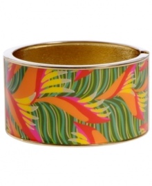 Infuse your look with the bold colors and exotic prints of Brasil. Crafted in gold tone mixed metal Haskell's Leaf bangle features orange, fuchsia, yellow and green leaf details and a hinge clasp. Approximate diameter: 2-1/2 inches. Approximate length: 8 inches. Item comes packaged in an orange gift box. Infuse your look with the bold colors and exotic prints of Brasil. Crafted in gold tone mixed metal Haskell's Leaf bangle features orange, fuchsia, yellow and green leaf details and a hinge clasp. Approximate diameter: 2-1/2 inches. Approximate length: 8 inches. Item comes packaged in an orange gift box.