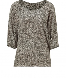 Add pared-down glamour to your day look with this subtle yet chic printed top from LAgence - Rounded neck, three-quarter dolman sleeves, relaxed silhouette, all-over print - Pair with slim cropped trousers, a boyfriend blazer, and platform pumps Add pared-down glamour to your day look with this subtle yet chic printed top from LAgence - Rounded neck, three-quarter dolman sleeves, relaxed silhouette, all-over print - Pair with slim cropped trousers, a boyfriend blazer, and platform pumps