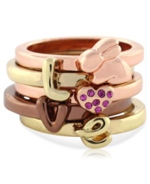 Fall in love with this ring from BCBGeneration. Crafted from rose gold-tone, chocolate-tone and gold-tone mixed metal, the stacked ring is adorned with pink stones and a bunny accent for some animal attraction. Size 7. Fall in love with this ring from BCBGeneration. Crafted from rose gold-tone, chocolate-tone and gold-tone mixed metal, the stacked ring is adorned with pink stones and a bunny accent for some animal attraction. Size 7.