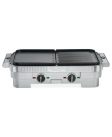 Dressed to grill... and griddle! With removable & reversible nonstick grill & griddle plates, this countertop chef steps up your culinary ability. Two temperature dials let you set up shop with full grill, full griddle or half grill and half griddle-a world of possibilities for cooking like a pro! 3-year warranty. Model GR-55. Dressed to grill... and griddle! With removable & reversible nonstick grill & griddle plates, this countertop chef steps up your culinary ability. Two temperature dials let you set up shop with full grill, full griddle or half grill and half griddle-a world of possibilities for cooking like a pro! 3-year warranty. Model GR-55.