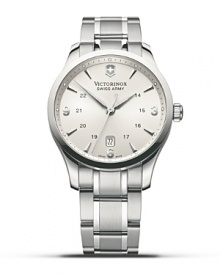 Timeless details compose Victorinox's bright, brilliant personal timepiece. Luminous hands under an anti-reflective triple coated sapphire crystal. Timeless details compose Victorinox's bright, brilliant personal timepiece. Luminous hands under an anti-reflective triple coated sapphire crystal.