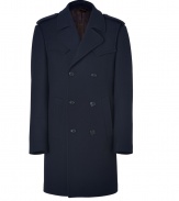 With classic military-inspired styling, this sleek wool overcoat from Baldessarini boasts warmth and effortless urbane-cool appeal - Large spread collar, epaulets, long sleeves, double-breasted with front button placket, slash pockets, tonal stitched back yoke, back vent - Classic straight cut - Pair with slim trousers, a cashmere pullover, and brogues