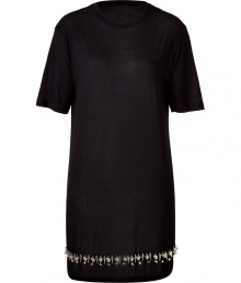 Luxurious top in a fine black viscose-silk blend - New long, slim silhouette with a round neckline and short sleeves - Elegantly embroidered - Wonderfully soft, flattering and trendy - A knockout with leggings or leather pants. pair with booties or platform pumps Luxurious top in a fine black viscose-silk blend - New long, slim silhouette with a round neckline and short sleeves - Elegantly embroidered - Wonderfully soft, flattering and trendy - A knockout with leggings or leather pants. pair with booties or platform pumps