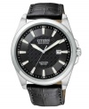 Strive for perfection with the rich black leather and timeless steel design of this Citizen watch.