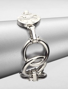 A 16k white goldplated link design featuring an iconic logo closure. 16k white goldplated brassLength, about 7Slide closureImported A 16k white goldplated link design featuring an iconic logo closure. 16k white goldplated brassLength, about 7Slide closureImported