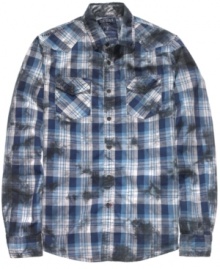 This plaid woven shirt from guess gives you a stylish break from your everyday pattern. This plaid woven shirt from guess gives you a stylish break from your everyday pattern.