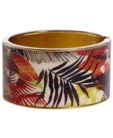 Infuse your look with the bold colors and exotic prints of Brasil. Crafted in gold tone mixed metal Haskell's Palm bangle features brown, red and green palm leaf details and a hinge clasp. Approximate diameter: 2-1/2 inches. Approximate length: 8 inches. Item comes packaged in an orange gift box. Infuse your look with the bold colors and exotic prints of Brasil. Crafted in gold tone mixed metal Haskell's Palm bangle features brown, red and green palm leaf details and a hinge clasp. Approximate diameter: 2-1/2 inches. Approximate length: 8 inches. Item comes packaged in an orange gift box.