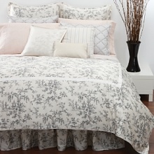 Graceful florals, jacquards and delicate embroidery in a romantic palette of soft silver, cream and blush are layered with a romantic chinoiserie duvet - backed with timeless houndstooth - for an elegant, unexpected twist. Graceful florals, jacquards and delicate embroidery in a romantic palette of soft silver, cream and blush are layered with a romantic chinoiserie duvet - backed with timeless houndstooth - for an elegant, unexpected twist.