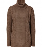 With its oversized fit and timeless classic cable knit, Closeds cool raw umber turtleneck pullover is a super soft essential - Turtleneck, long sleeves, ribbed trim, contrast knit throughout, relaxed fit - Team with color-pop trousers and slipper-style loafers for preppy-chic days