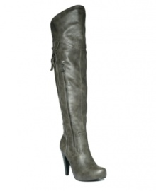 Sew stylish! Topstitch embellishment adds fashionable flair to G by GUESS' Vachela over-the-knee platform boots. With a stacked heel and zipper detail, they'll look right on trend this fall. Sew stylish! Topstitch embellishment adds fashionable flair to G by GUESS' Vachela over-the-knee platform boots. With a stacked heel and zipper detail, they'll look right on trend this fall.