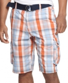 A place for everything. Cargo pockets help keep the essentials safe so you can move around as you wish in these stylish plaid shorts from Ecko Unlimited.