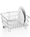 A go-anywhere, do-anything attitude simplifies your lifestyle. This compact dish rack slips into the sink or perches on your countertop for an effortless versatility that cleans up your routine. A rust- and corrosion-resistant design features a cup holder and removable utensil holder. 5-year warranty.