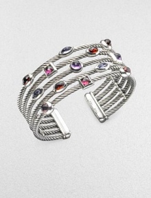 From the Confetti Collection. Five twisted sterling silver cables, scattered with a colorful array of faceted gemstones, in a fabulous open cuff design. Garnet, iolite, rhodalite garnet, pink tourmaline and amethyst Sterling silver Diameter, about 2½ Width, about 1 Imported