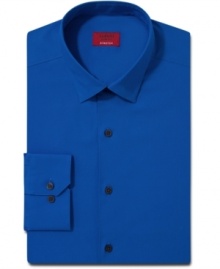 Keep it sleek and slim. This dress shirt from Alfani Spectrum has a comfortable stretch fabrication for our most modern fit. Keep it sleek and slim. This dress shirt from Alfani Spectrum has a comfortable stretch fabrication for our most modern fit.
