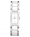 Put tradition aside and go bold with this icy watch by DKNY. Stainless steel bracelet with center links of white ceramic and rectangular case. White dial features silver tone stick indices at twelve, three, six and nine o'clock, three hands and logo. Quartz movement. Water resistant to 50 meters. Two-year limited warranty.