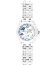 Doing good looks good. Biodegradable watch by Sprout crafted of white corn resin bracelet and round case with mineral crystal. Genuine mother-of-pearl dial features diamond accent at twelve o'clock, black printed minute track, floral design, silver tone hummingbird, silver tone hour and minute hands, sweeping second hand and logo. Quartz movement. Limited lifetime warranty. Doing good looks good. Biodegradable watch by Sprout crafted of white corn resin bracelet and round case with mineral crystal. Genuine mother-of-pearl dial features diamond accent at twelve o'clock, black printed minute track, floral design, silver tone hummingbird, silver tone hour and minute hands, sweeping second hand and logo. Quartz movement. Limited lifetime warranty.