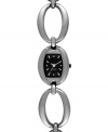 Make a connection with this classic linked bracelet watch from Nine West. Crafted of gunmetal tone mixed metal linked bracelet and oval case. Black dial features silver tone applied stick indices, hour and minute hands, sweeping second hand and logo at six o'clock. Quartz movement. Limited lifetime warranty.