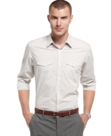 Change your everyday pattern with this woven shirt from Calvin Klein. Change your everyday pattern with this woven shirt from Calvin Klein.