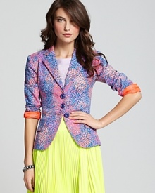 Be the first to perfect the spring's color trend in this Nanette Lepore blazer, flaunting an abstract print on a three-button silhouette for a polished finish to the season's chicest looks. Be the first to perfect the spring's color trend in this Nanette Lepore blazer, flaunting an abstract print on a three-button silhouette for a polished finish to the season's chicest looks.