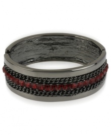 Kenneth Cole New York looks to set off a chain reaction with this bangle bracelet. Crafted from hematite-tone mixed metal, the bracelet has red beads and a chain around it for post-modern appeal. Approximate diameter: 2-3/8 inches. Kenneth Cole New York looks to set off a chain reaction with this bangle bracelet. Crafted from hematite-tone mixed metal, the bracelet has red beads and a chain around it for post-modern appeal. Approximate diameter: 2-3/8 inches.