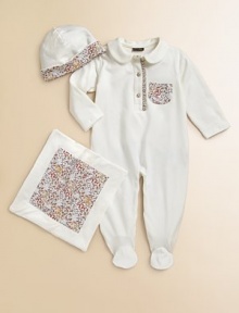 A beautiful three-piece footie, hat and blanket set adorned with a vibrant floral trim.Peter Pan collarLong sleevesButton-frontPatch pocketsBottom snaps94% cotton/6% elastaneMachine washImported Please note: Number of buttons/snaps may vary depending on size ordered. 