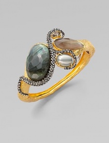 This goldtone design boasts a cluster of smokey quartz, labradorite, mother-of-pearl doublet, imatation pearl and Swarovski crystals. Smokey quartz, labradorite, mother-of-pearl doublet, imatation pearl and Swarovski crystalsGoldtoneRuthenium platedDiameter, about 2½Hinged, magnetic closureMade in USA This goldtone design boasts a cluster of smokey quartz, labradorite, mother-of-pearl doublet, imatation pearl and Swarovski crystals. Smokey quartz, labradorite, mother-of-pearl doublet, imatation pearl and Swarovski crystalsGoldtoneRuthenium platedDiameter, about 2½Hinged, magnetic closureMade in USA