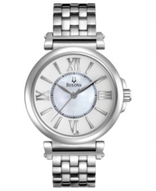 An enchanting addition of mother-of-pearl makes this Bulova watch a sight to behold. An enchanting addition of mother-of-pearl makes this Bulova watch a sight to behold.