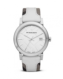 Burberry Silver Watch with White Check Strap, 38mm Burberry Silver Watch with White Check Strap, 38mm