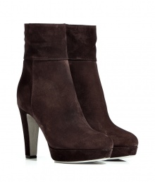 Bring high style to your casual-cool ensembles with these luxe suede ankle boots from Sergio Rossi - Round toe, front platform, chunky heel, side zip closure, ankle length - Style with a mini-dress, cropped trousers, or wool pleated shorts and ribbed tights