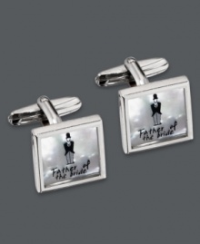 Commemorate a very special day with these keepsake cuff links. Crafted from Mother of Pearl, the surface portrays a man in a tuxedo and top hat with the words Father of the bride. Crafted in sterling silver. Approximate diameter: 5/8 inch.