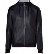Luxe walking night washed leather jacket from Marc by Marc Jacobs - Channel downtown-inspired cool in this leather hoodie - Made of supple lambskin with knit waistband and cuffs - Front zip closure and zipper pocket details - Wear with straight leg jeans, a long sleeve henley, and motorcycle boots