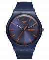 Hit the courts with this bold athletic watch from Swatch's Roland-Garros Bleue collection.