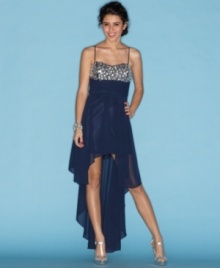 Party like a starlet in this dress from B Darlin, designed with a flowing, asymmetrical skirt for an added hint of drama! Party like a starlet in this dress from B Darlin, designed with a flowing, asymmetrical skirt for an added hint of drama!