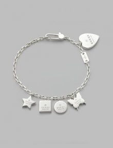 From the Trademark Collection. A classic sterling silver chain loaded with Gucci-engraved sterling silver charms, including a butterfly, heart, square, circle and star. Sterling silver Length, about 8 Charm widths range from about ¼ to ½ Lobster clasp Made in Italy From the Trademark Collection. A classic sterling silver chain loaded with Gucci-engraved sterling silver charms, including a butterfly, heart, square, circle and star. Sterling silver Length, about 8 Charm widths range from about ¼ to ½ Lobster clasp Made in Italy