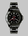 A glossy ceramic design with a rotating bezel. Quartz movementWater resistant to 5 ATMRound black ceramic case, 39mm (1.5) Rotating bezelBlack dialBar and numeric hour markersSecond hand Black ceramic link braceletImported