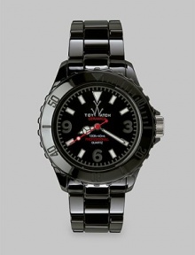 A glossy ceramic design with a rotating bezel. Quartz movementWater resistant to 5 ATMRound black ceramic case, 39mm (1.5) Rotating bezelBlack dialBar and numeric hour markersSecond hand Black ceramic link braceletImported A glossy ceramic design with a rotating bezel. Quartz movementWater resistant to 5 ATMRound black ceramic case, 39mm (1.5) Rotating bezelBlack dialBar and numeric hour markersSecond hand Black ceramic link braceletImported