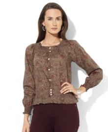 A delicate print accents Lauren Jeans Co.'s peasant top crafted from soft cotton with smocked accents for a romantic look