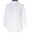 Build the foundations of your polished workweek looks with Burberry Londons crisp cotton 3/4 sleeve button-down - Classic collar with tonal marine check lining, 3/4 length sleeves, buttoned cuffs, button-down front, shirttail hemline - Tailored fit - Wear with everything from jeans and flats to pencil skirts and heels