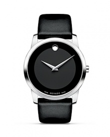 Men's Movado Museum Classic® watch in solid stainless steel with black Museum dial and black calf skin strap. Men's Movado Museum Classic® watch in solid stainless steel with black Museum dial and black calf skin strap.