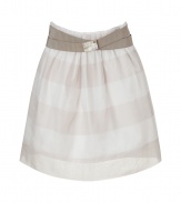 Stunning in striped ivory and stone silk, Brunello Cucinellis layered organza skirt is both modern and exquisite - Elasticized waistline, sheer striped organza top layer, white opaque under skirt, stone stretch belt with horn-effect buckle and snap closures - Full silhouette - Wear with a pristine silk or cashmere top and flawless leather flats