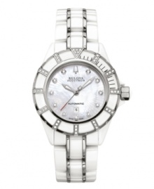 Stunning luminosity and fine mechanical timekeeping combine in this Mirador collection watch by Bulova Accutron. White ceramic and stainless steel bracelet and round case with curved sapphire crystal. White ceramic rotating bezel embellished with steel and diamond accents. Mother-of-pearl dial features diamond accents at markers, date window at six o'clock, logo at twelve o'clock and three silver tone hands. Swiss mechanical movement. Water resistant to 50 meters. Five-year warranty. Stunning luminosity and fine mechanical timekeeping combine in this Mirador collection watch by Bulova Accutron. White ceramic and stainless steel bracelet and round case with curved sapphire crystal. White ceramic rotating bezel embellished with steel and diamond accents. Mother-of-pearl dial features diamond accents at markers, date window at six o'clock, logo at twelve o'clock and three silver tone hands. Swiss mechanical movement. Water resistant to 50 meters. Five-year warranty.