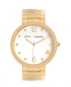 Betsey Johnson sweetens up a classic design with one tiny heart. Watch crafted of polished gold tone stainless steel bracelet and round case. White dial features gold tone numerals at twelve and six o'clock, dot markers, heart marker at four o'clock, gold tone hour and minute hands, signature fuchsia second hand and logo. Quartz movement. Water resistant to 30 meters. Two-year limited warranty.