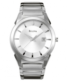 A clean and uncluttered look for ultimate style. Stainless steel bracelet and case. Silvertone patterned dial with logo, date window and stick indexes. Three hands. Quartz movement. Water resistant to 100 meters. Three-year limited warranty. A clean and uncluttered look for ultimate style. Stainless steel bracelet and case. Silvertone patterned dial with logo, date window and stick indexes. Three hands. Quartz movement. Water resistant to 100 meters. Three-year limited warranty.