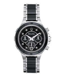 Bulova pairs time-honored quality with highly fashionable ceramic to create this striking watch. Stainless steel bracelet with center links of black ceramic and round stainless steel case. Black ceramic bezel etched with numerals holds a slightly-domed mineral crystal. Black chronograph dial with textured inner dial features eight diamond accents at markers, date window at six o'clock, three subdials, silvertone hands, and logo at twelve o'clock. Quartz movement. Water resistant to 30 meters. Three-year limited warranty. Bulova pairs time-honored quality with highly fashionable ceramic to create this striking watch. Stainless steel bracelet with center links of black ceramic and round stainless steel case. Black ceramic bezel etched with numerals holds a slightly-domed mineral crystal. Black chronograph dial with textured inner dial features eight diamond accents at markers, date window at six o'clock, three subdials, silvertone hands, and logo at twelve o'clock. Quartz movement. Water resistant to 30 meters. Three-year limited warranty.